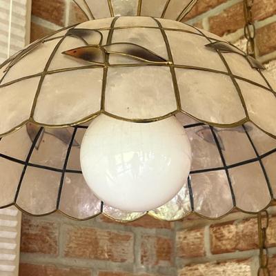 1970s Vintage Capiz Hanging Chained Lamp Shade With Birds