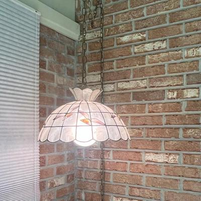 1970s Vintage Capiz Hanging Chained Lamp Shade With Birds