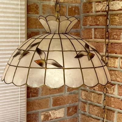 1970s Vintage Capiz Hanging Chained Lamp Shade With Birds