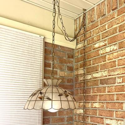 1970s Vintage Capiz Hanging Chained Lamp Shade With Birds