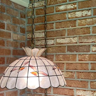 1970s Vintage Capiz Hanging Chained Lamp Shade With Birds