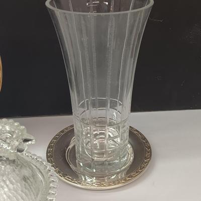 Beautiful vintage Coalport "Fragrance" bone China plate with clear glass nesting chicken and elegant vase