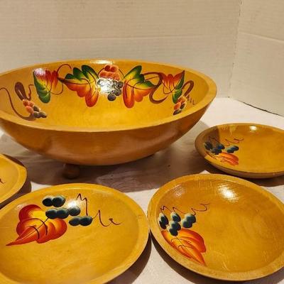 Hand Painted large Salad Bowl, and 4 Smaller Bowls all Made of Solid Wood.