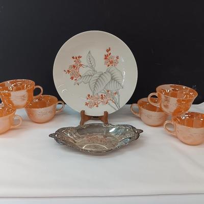 Six peach luster Fire king mugs with Castleton China plate