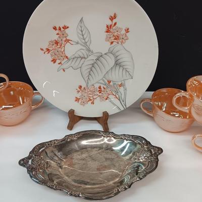 Six peach luster Fire king mugs with Castleton China plate