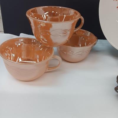 Six peach luster Fire king mugs with Castleton China plate