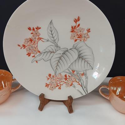 Six peach luster Fire king mugs with Castleton China plate