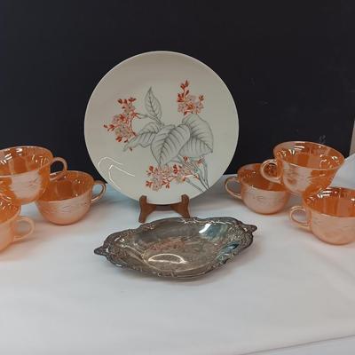 Six peach luster Fire king mugs with Castleton China plate
