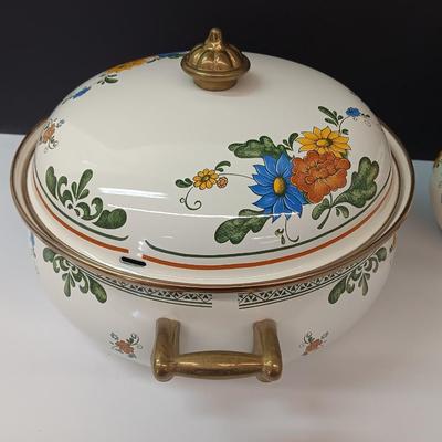 Beautiful floral print pots with brass handles - enamel like -
