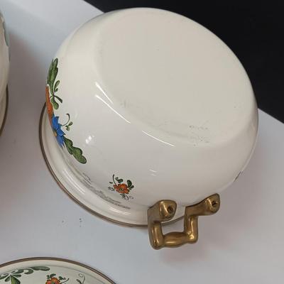 Beautiful floral print pots with brass handles - enamel like -