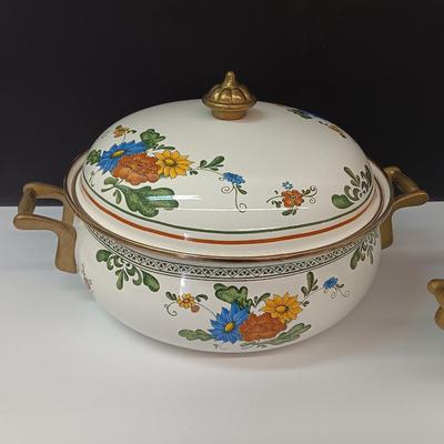 Beautiful floral print pots with brass handles - enamel like -