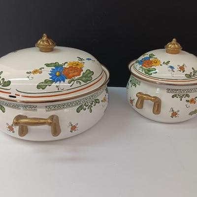 Beautiful floral print pots with brass handles - enamel like -