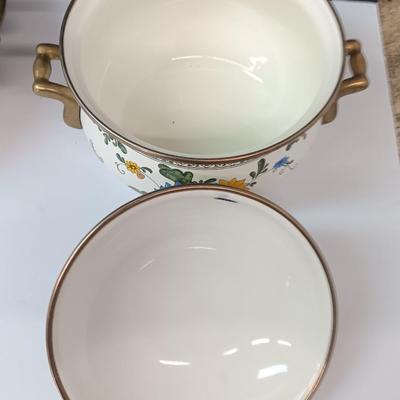Beautiful floral print pots with brass handles - enamel like -