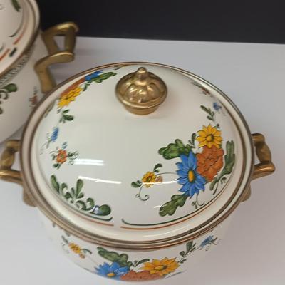 Beautiful floral print pots with brass handles - enamel like -