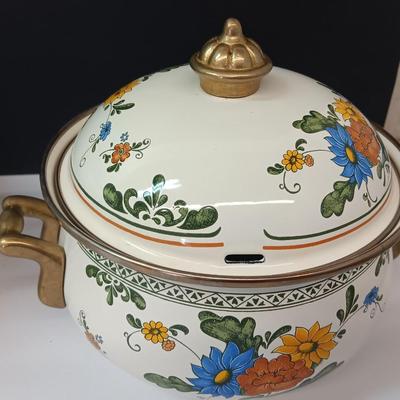 Beautiful floral print pots with brass handles - enamel like -