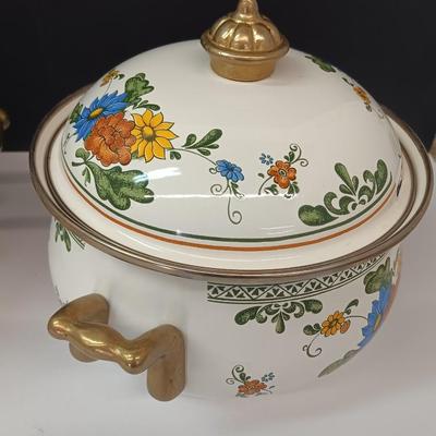 Beautiful floral print pots with brass handles - enamel like -