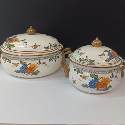 Beautiful floral print pots with brass handles - enamel like -