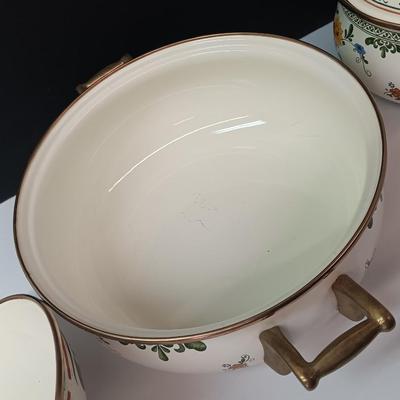 Beautiful floral print pots with brass handles - enamel like -
