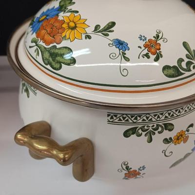 Beautiful floral print pots with brass handles - enamel like -