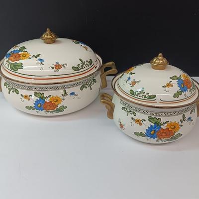 Beautiful floral print pots with brass handles - enamel like -