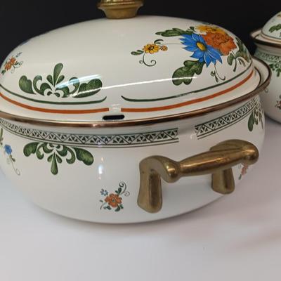 Beautiful floral print pots with brass handles - enamel like -