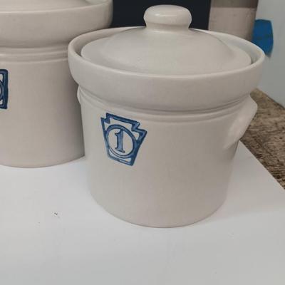 Cute! Farm Crock like numbered canister set (missing 2 lids)