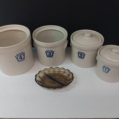 Cute! Farm Crock like numbered canister set (missing 2 lids)