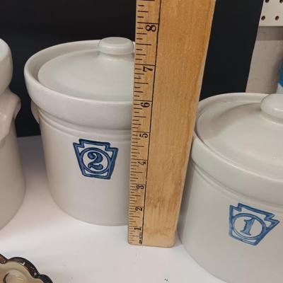 Cute! Farm Crock like numbered canister set (missing 2 lids)