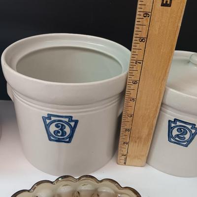 Cute! Farm Crock like numbered canister set (missing 2 lids)