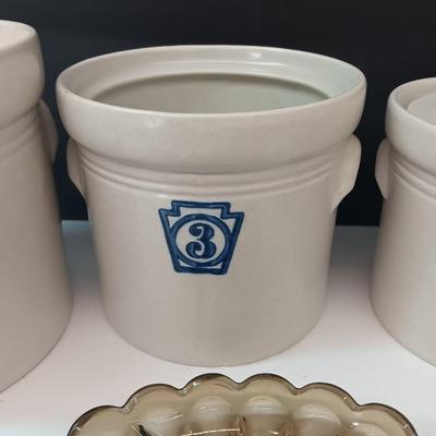 Cute! Farm Crock like numbered canister set (missing 2 lids)