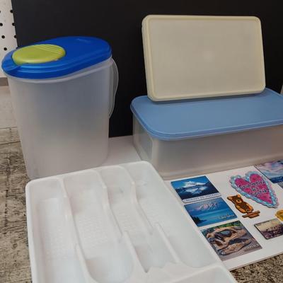 Plastic food storage containers with refrigerator magnets - bread keeper - pitcher and more