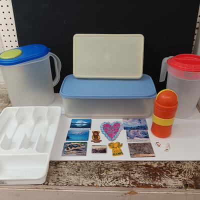 Plastic food storage containers with refrigerator magnets - bread keeper - pitcher and more