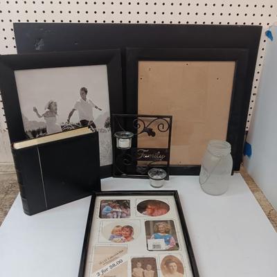 It's all about Family! Family candle sconce, Glass jar with frosted Family - and a variety of photo frames