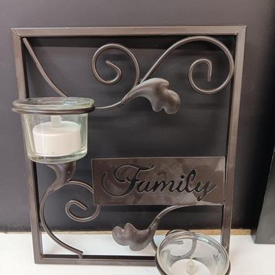 It's all about Family! Family candle sconce, Glass jar with frosted Family - and a variety of photo frames
