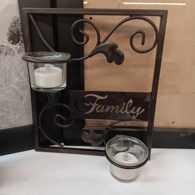 It's all about Family! Family candle sconce, Glass jar with frosted Family - and a variety of photo frames