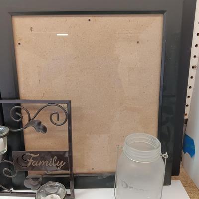 It's all about Family! Family candle sconce, Glass jar with frosted Family - and a variety of photo frames