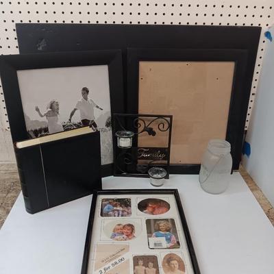 It's all about Family! Family candle sconce, Glass jar with frosted Family - and a variety of photo frames