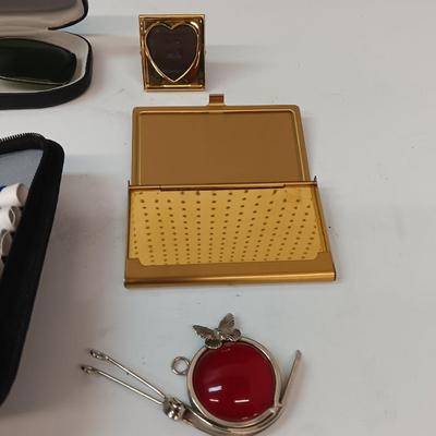 Sunglass lenses with cases - small travel sewing kit - metal wallet - and more