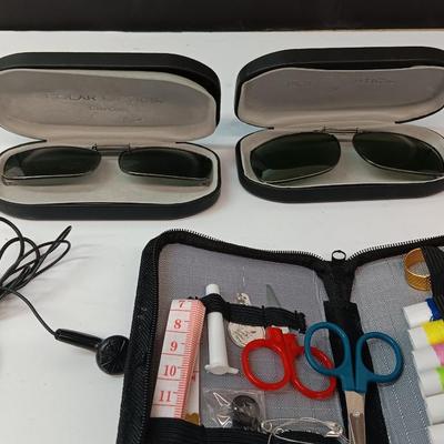 Sunglass lenses with cases - small travel sewing kit - metal wallet - and more