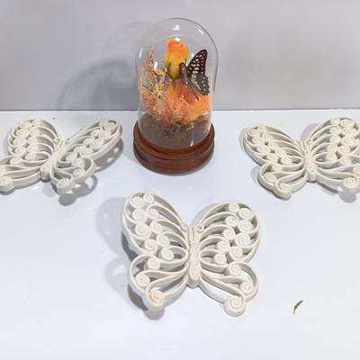 Vintage Taxidermy butterfly cloche dome with silk flowers and real butterfly - and 3 MCM Butterfly decorations