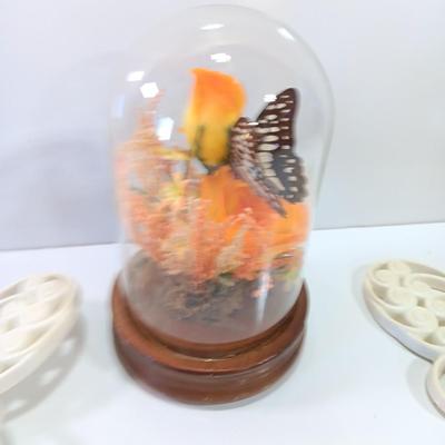 Vintage Taxidermy butterfly cloche dome with silk flowers and real butterfly - and 3 MCM Butterfly decorations