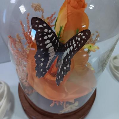 Vintage Taxidermy butterfly cloche dome with silk flowers and real butterfly - and 3 MCM Butterfly decorations
