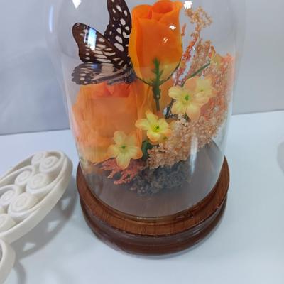 Vintage Taxidermy butterfly cloche dome with silk flowers and real butterfly - and 3 MCM Butterfly decorations