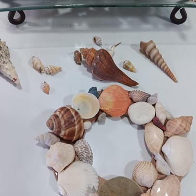 Beach in a box - 2 Marlin fish Avon bottles- Glass tray with metal stand full of shells and a Hawaii inspired picture frame
