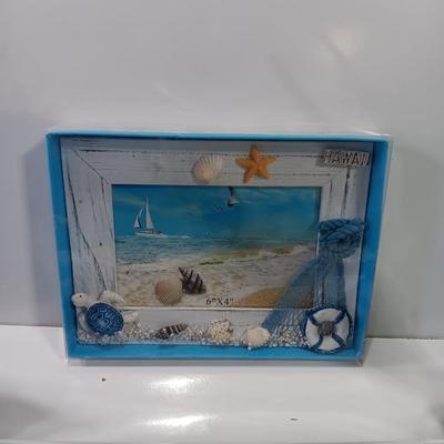Beach in a box - 2 Marlin fish Avon bottles- Glass tray with metal stand full of shells and a Hawaii inspired picture frame