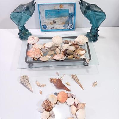 Beach in a box - 2 Marlin fish Avon bottles- Glass tray with metal stand full of shells and a Hawaii inspired picture frame