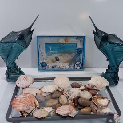 Beach in a box - 2 Marlin fish Avon bottles- Glass tray with metal stand full of shells and a Hawaii inspired picture frame