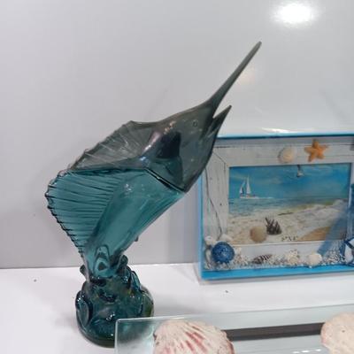 Beach in a box - 2 Marlin fish Avon bottles- Glass tray with metal stand full of shells and a Hawaii inspired picture frame