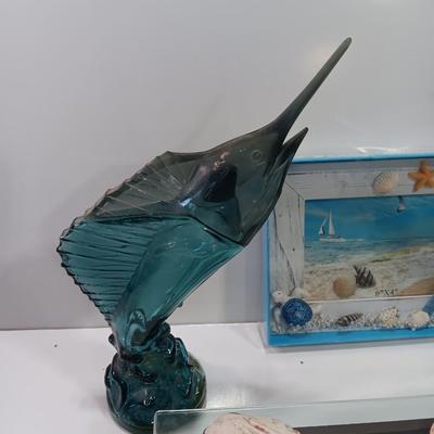 Beach in a box - 2 Marlin fish Avon bottles- Glass tray with metal stand full of shells and a Hawaii inspired picture frame