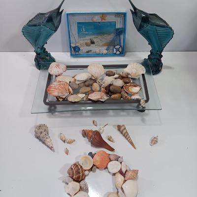 Beach in a box - 2 Marlin fish Avon bottles- Glass tray with metal stand full of shells and a Hawaii inspired picture frame